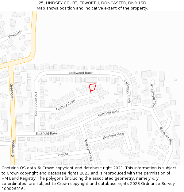 25, LINDSEY COURT, EPWORTH, DONCASTER, DN9 1SD: Location map and indicative extent of plot