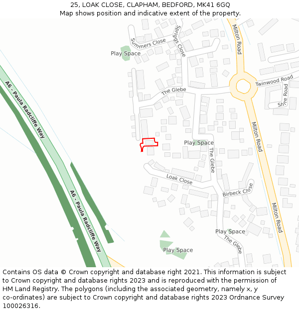 25, LOAK CLOSE, CLAPHAM, BEDFORD, MK41 6GQ: Location map and indicative extent of plot