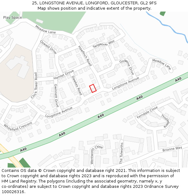 25, LONGSTONE AVENUE, LONGFORD, GLOUCESTER, GL2 9FS: Location map and indicative extent of plot