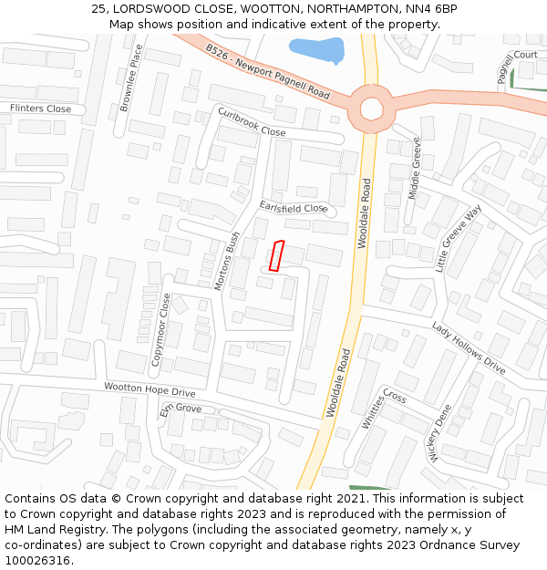 25, LORDSWOOD CLOSE, WOOTTON, NORTHAMPTON, NN4 6BP: Location map and indicative extent of plot
