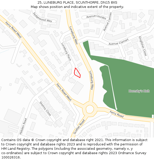 25, LUNEBURG PLACE, SCUNTHORPE, DN15 8XS: Location map and indicative extent of plot