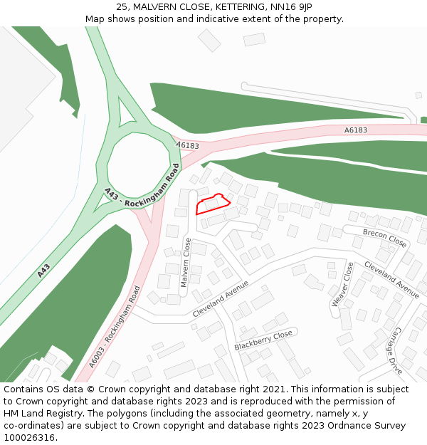 25, MALVERN CLOSE, KETTERING, NN16 9JP: Location map and indicative extent of plot