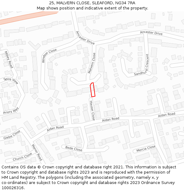 25, MALVERN CLOSE, SLEAFORD, NG34 7RA: Location map and indicative extent of plot
