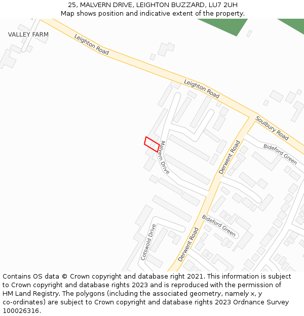 25, MALVERN DRIVE, LEIGHTON BUZZARD, LU7 2UH: Location map and indicative extent of plot