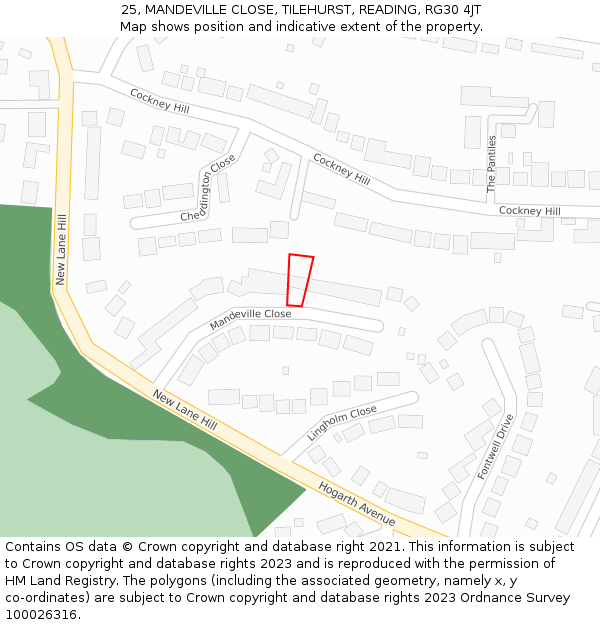 25, MANDEVILLE CLOSE, TILEHURST, READING, RG30 4JT: Location map and indicative extent of plot