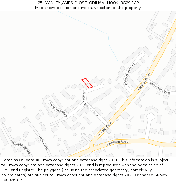 25, MANLEY JAMES CLOSE, ODIHAM, HOOK, RG29 1AP: Location map and indicative extent of plot