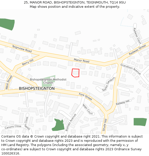25, MANOR ROAD, BISHOPSTEIGNTON, TEIGNMOUTH, TQ14 9SU: Location map and indicative extent of plot