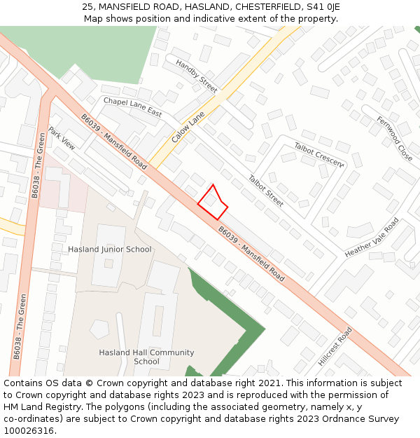 25, MANSFIELD ROAD, HASLAND, CHESTERFIELD, S41 0JE: Location map and indicative extent of plot