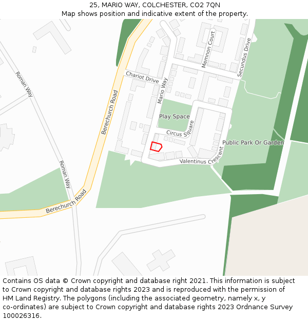 25, MARIO WAY, COLCHESTER, CO2 7QN: Location map and indicative extent of plot