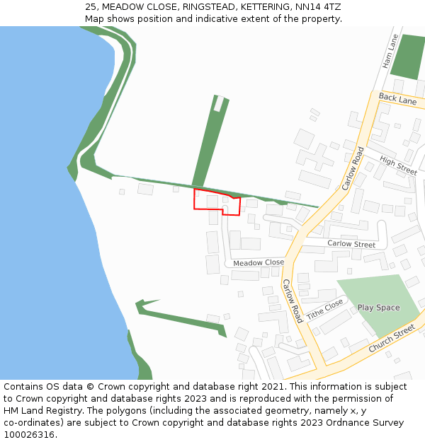 25, MEADOW CLOSE, RINGSTEAD, KETTERING, NN14 4TZ: Location map and indicative extent of plot