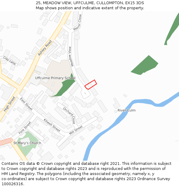 25, MEADOW VIEW, UFFCULME, CULLOMPTON, EX15 3DS: Location map and indicative extent of plot