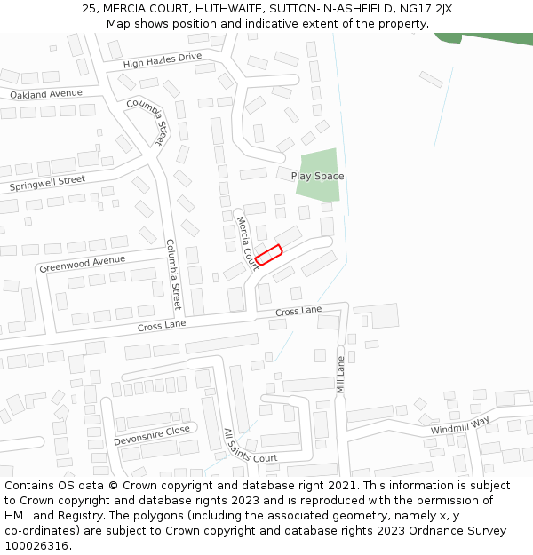 25, MERCIA COURT, HUTHWAITE, SUTTON-IN-ASHFIELD, NG17 2JX: Location map and indicative extent of plot