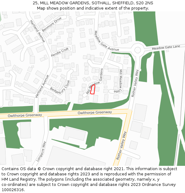 25, MILL MEADOW GARDENS, SOTHALL, SHEFFIELD, S20 2NS: Location map and indicative extent of plot