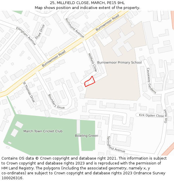 25, MILLFIELD CLOSE, MARCH, PE15 9HL: Location map and indicative extent of plot