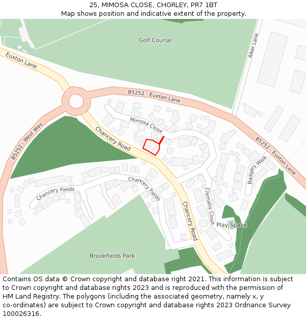 25, MIMOSA CLOSE, CHORLEY, PR7 1BT: Location map and indicative extent of plot