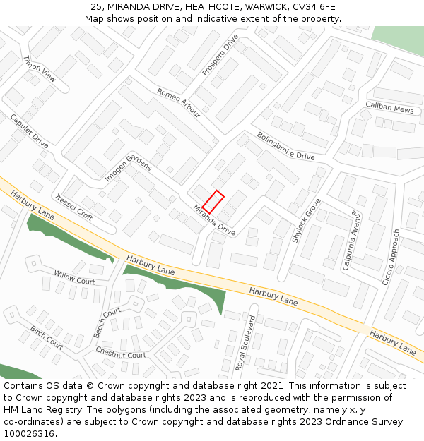 25, MIRANDA DRIVE, HEATHCOTE, WARWICK, CV34 6FE: Location map and indicative extent of plot