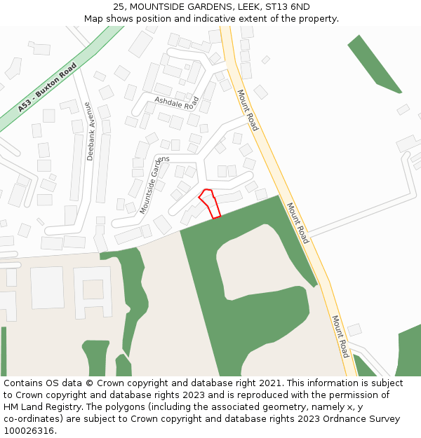 25, MOUNTSIDE GARDENS, LEEK, ST13 6ND: Location map and indicative extent of plot