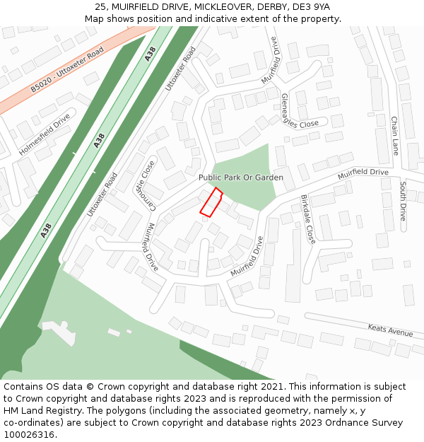 25, MUIRFIELD DRIVE, MICKLEOVER, DERBY, DE3 9YA: Location map and indicative extent of plot
