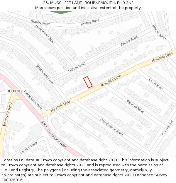 25, MUSCLIFFE LANE, BOURNEMOUTH, BH9 3NF: Location map and indicative extent of plot