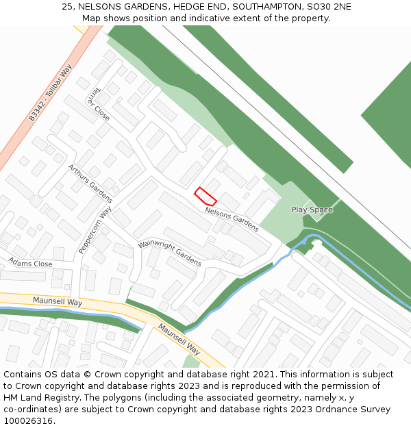 25, NELSONS GARDENS, HEDGE END, SOUTHAMPTON, SO30 2NE: Location map and indicative extent of plot