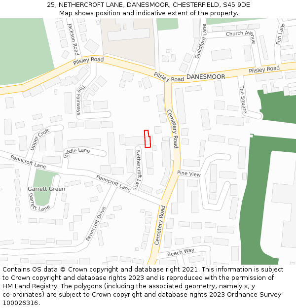 25, NETHERCROFT LANE, DANESMOOR, CHESTERFIELD, S45 9DE: Location map and indicative extent of plot