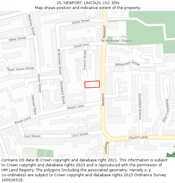 25, NEWPORT, LINCOLN, LN1 3DN: Location map and indicative extent of plot