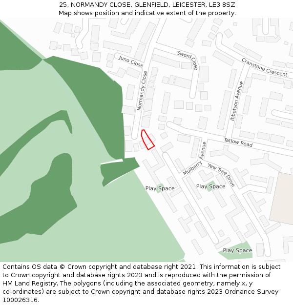 25, NORMANDY CLOSE, GLENFIELD, LEICESTER, LE3 8SZ: Location map and indicative extent of plot