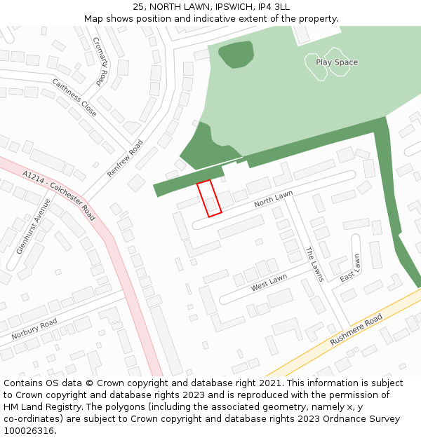 25, NORTH LAWN, IPSWICH, IP4 3LL: Location map and indicative extent of plot