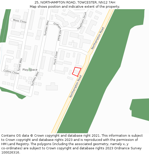 25, NORTHAMPTON ROAD, TOWCESTER, NN12 7AH: Location map and indicative extent of plot