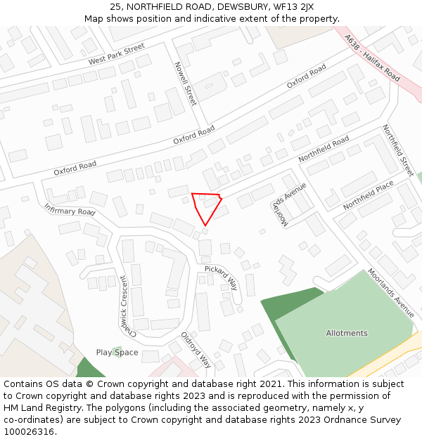 25, NORTHFIELD ROAD, DEWSBURY, WF13 2JX: Location map and indicative extent of plot