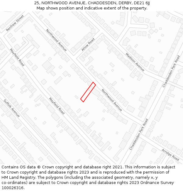 25, NORTHWOOD AVENUE, CHADDESDEN, DERBY, DE21 6JJ: Location map and indicative extent of plot