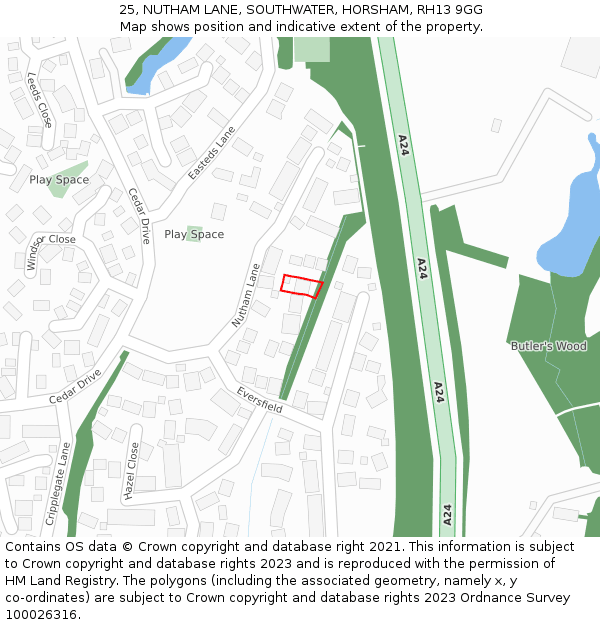 25, NUTHAM LANE, SOUTHWATER, HORSHAM, RH13 9GG: Location map and indicative extent of plot