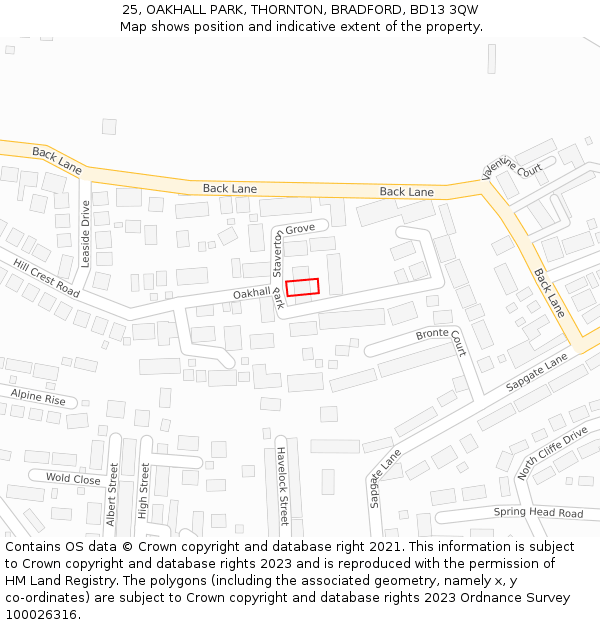 25, OAKHALL PARK, THORNTON, BRADFORD, BD13 3QW: Location map and indicative extent of plot