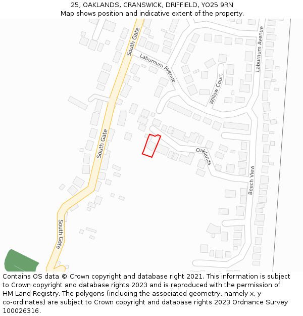 25, OAKLANDS, CRANSWICK, DRIFFIELD, YO25 9RN: Location map and indicative extent of plot