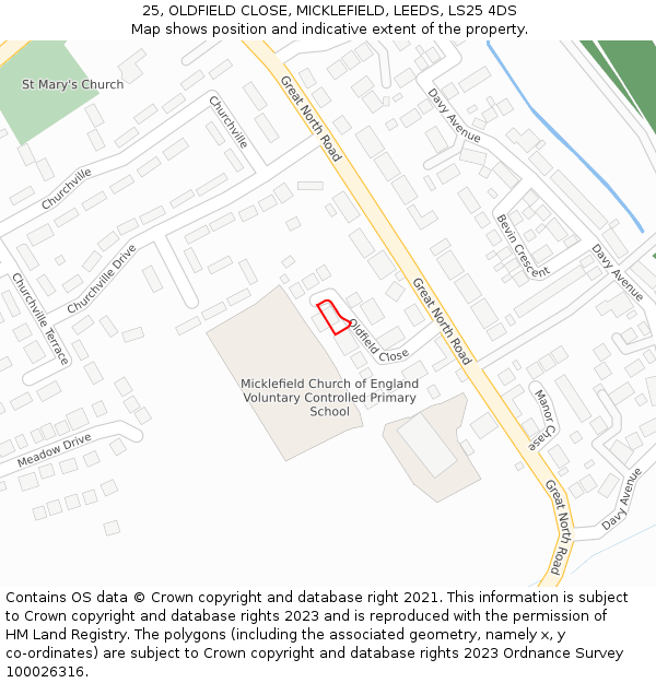 25, OLDFIELD CLOSE, MICKLEFIELD, LEEDS, LS25 4DS: Location map and indicative extent of plot
