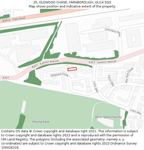 25, OLDWOOD CHASE, FARNBOROUGH, GU14 0QS: Location map and indicative extent of plot