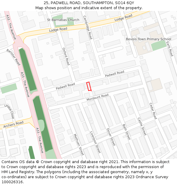 25, PADWELL ROAD, SOUTHAMPTON, SO14 6QY: Location map and indicative extent of plot