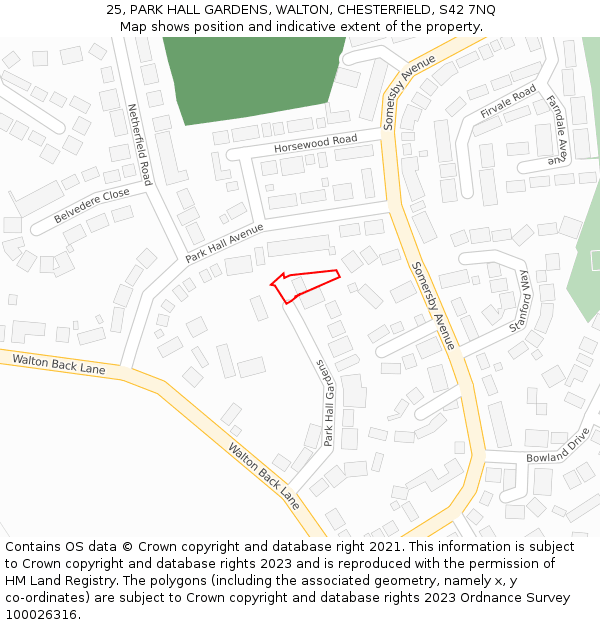 25, PARK HALL GARDENS, WALTON, CHESTERFIELD, S42 7NQ: Location map and indicative extent of plot