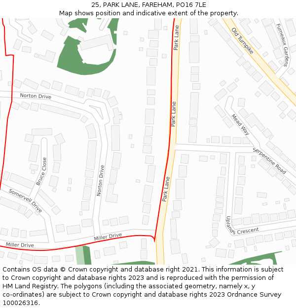 25, PARK LANE, FAREHAM, PO16 7LE: Location map and indicative extent of plot