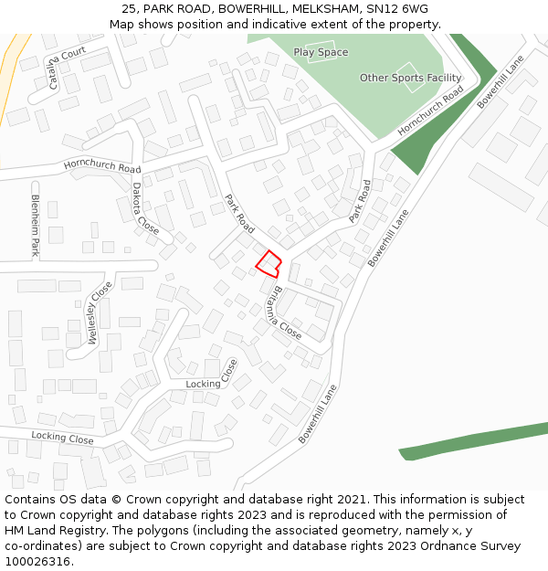 25, PARK ROAD, BOWERHILL, MELKSHAM, SN12 6WG: Location map and indicative extent of plot