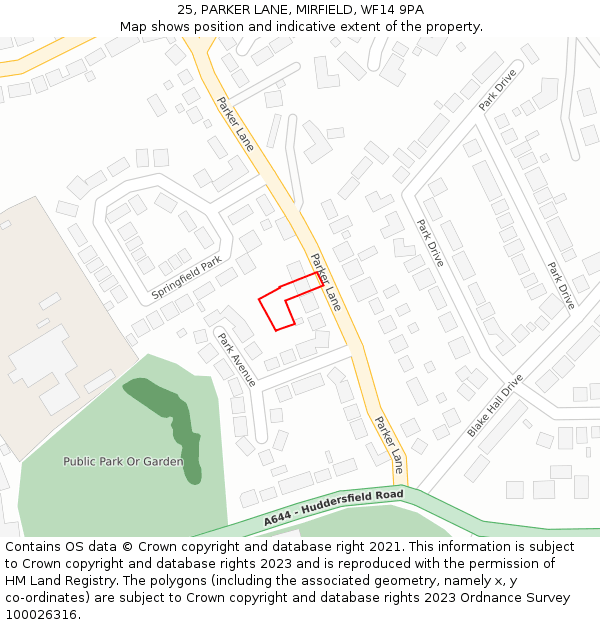 25, PARKER LANE, MIRFIELD, WF14 9PA: Location map and indicative extent of plot