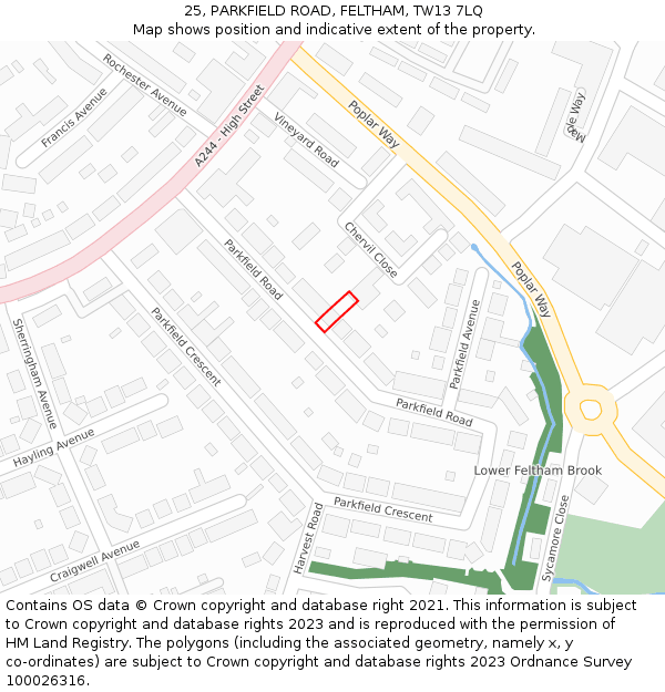 25, PARKFIELD ROAD, FELTHAM, TW13 7LQ: Location map and indicative extent of plot