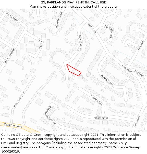 25, PARKLANDS WAY, PENRITH, CA11 8SD: Location map and indicative extent of plot