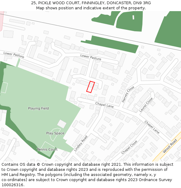 25, PICKLE WOOD COURT, FINNINGLEY, DONCASTER, DN9 3RG: Location map and indicative extent of plot