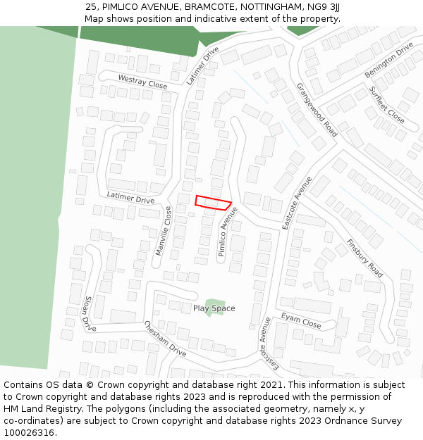 25, PIMLICO AVENUE, BRAMCOTE, NOTTINGHAM, NG9 3JJ: Location map and indicative extent of plot