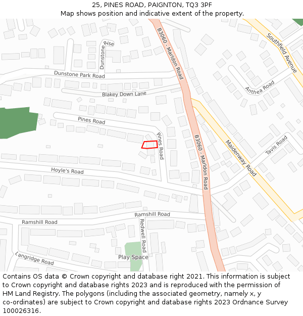 25, PINES ROAD, PAIGNTON, TQ3 3PF: Location map and indicative extent of plot