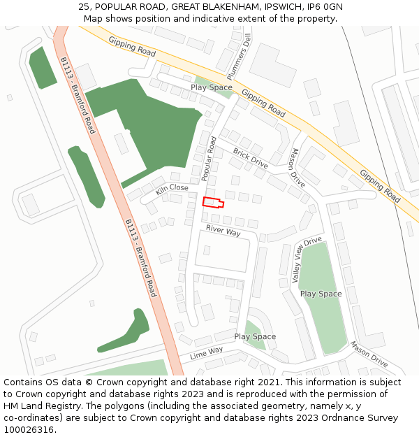 25, POPULAR ROAD, GREAT BLAKENHAM, IPSWICH, IP6 0GN: Location map and indicative extent of plot