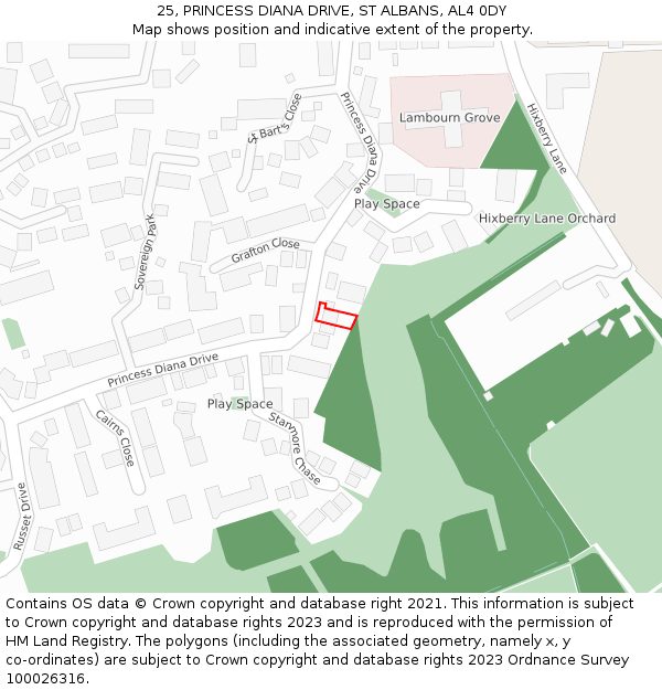 25, PRINCESS DIANA DRIVE, ST ALBANS, AL4 0DY: Location map and indicative extent of plot