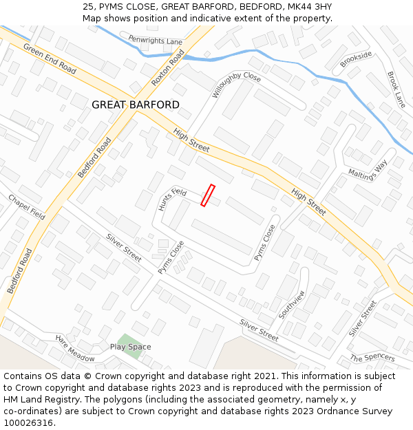 25, PYMS CLOSE, GREAT BARFORD, BEDFORD, MK44 3HY: Location map and indicative extent of plot