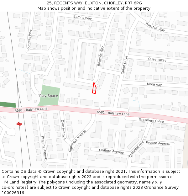 25, REGENTS WAY, EUXTON, CHORLEY, PR7 6PG: Location map and indicative extent of plot